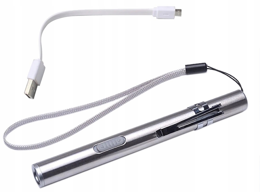 LATARKA LED DŁUGOPISOWA STALOWA AKUMULATOREK USB Długość 13 cm