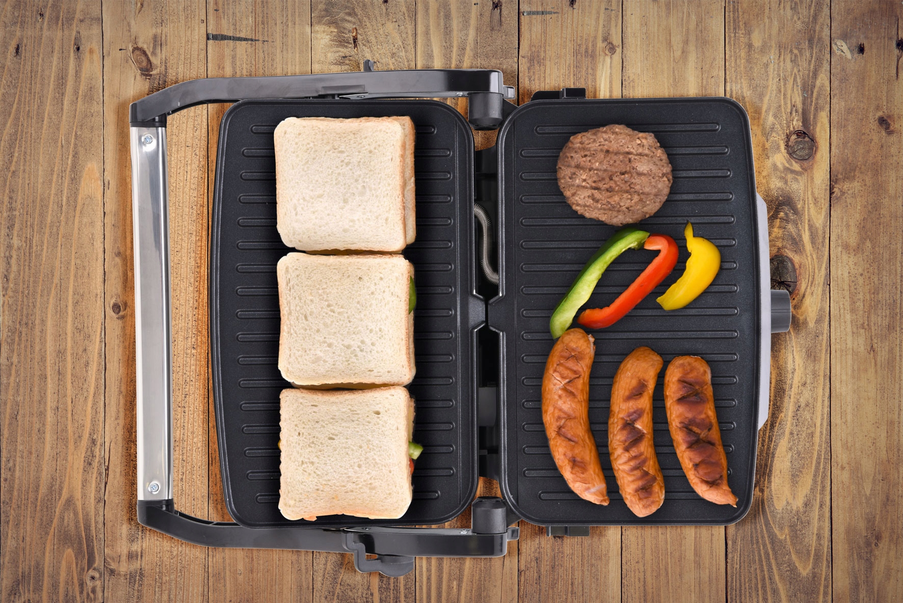 GRILL OPIEKACZ ELEKTRYCZNY 1600W TOSTY MIĘSO RYBY Funkcje odprowadzanie tłuszczu