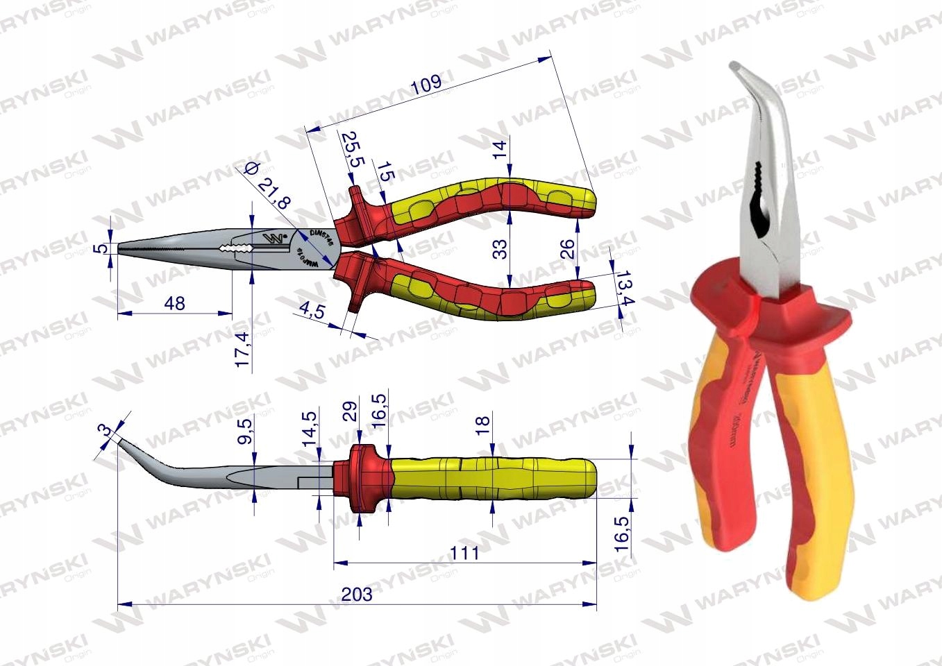 Szczypce izolowane długie wygięte 200 mm. Waryński Kod producenta WMP019