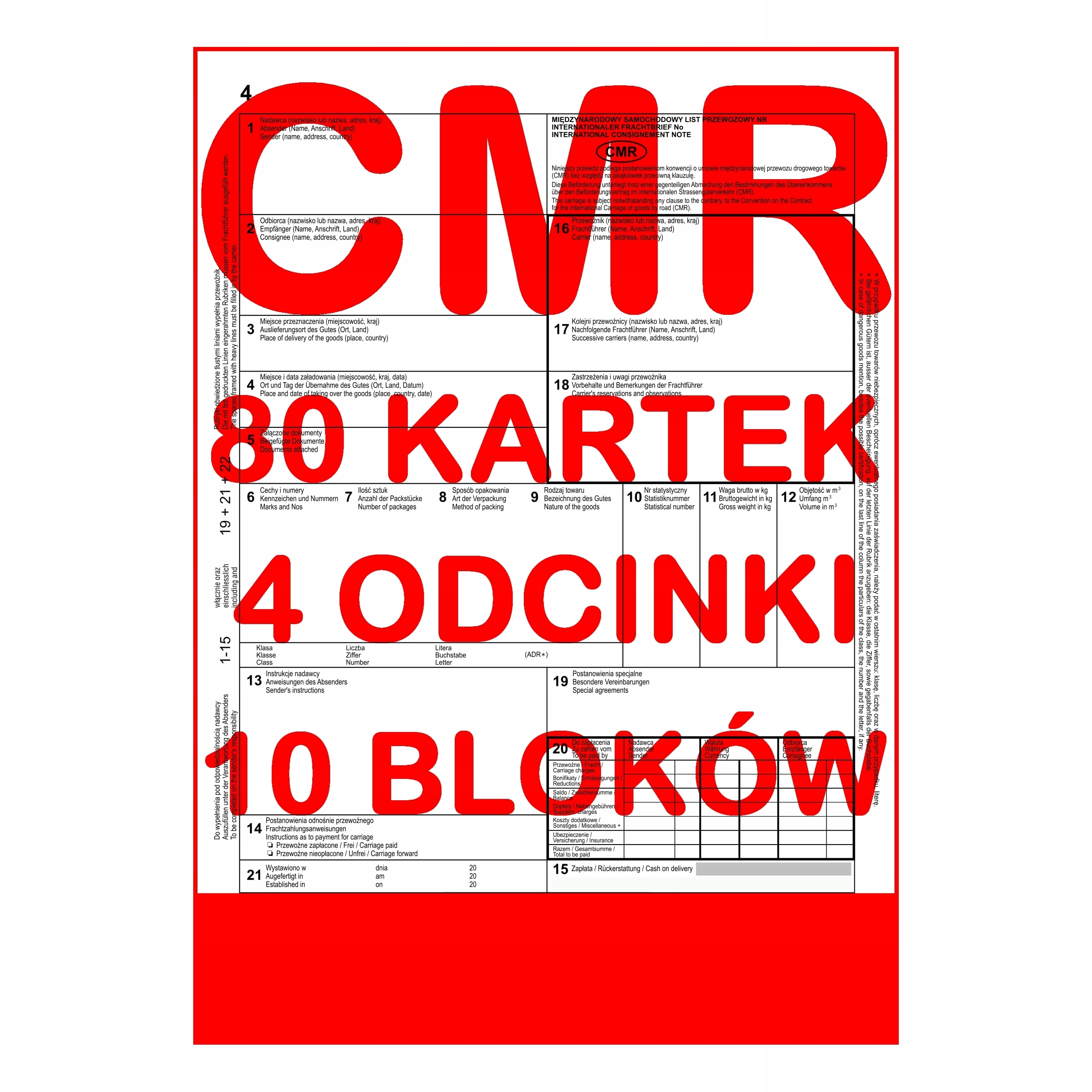 Druki CMR Międzynarodowe 80 kartek/4 odc. x10 blok
