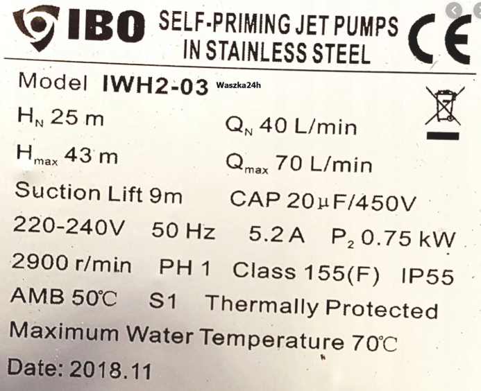Pompa IBO IWH2-03 9m zassania 750W Energooszczędna Producent IBO