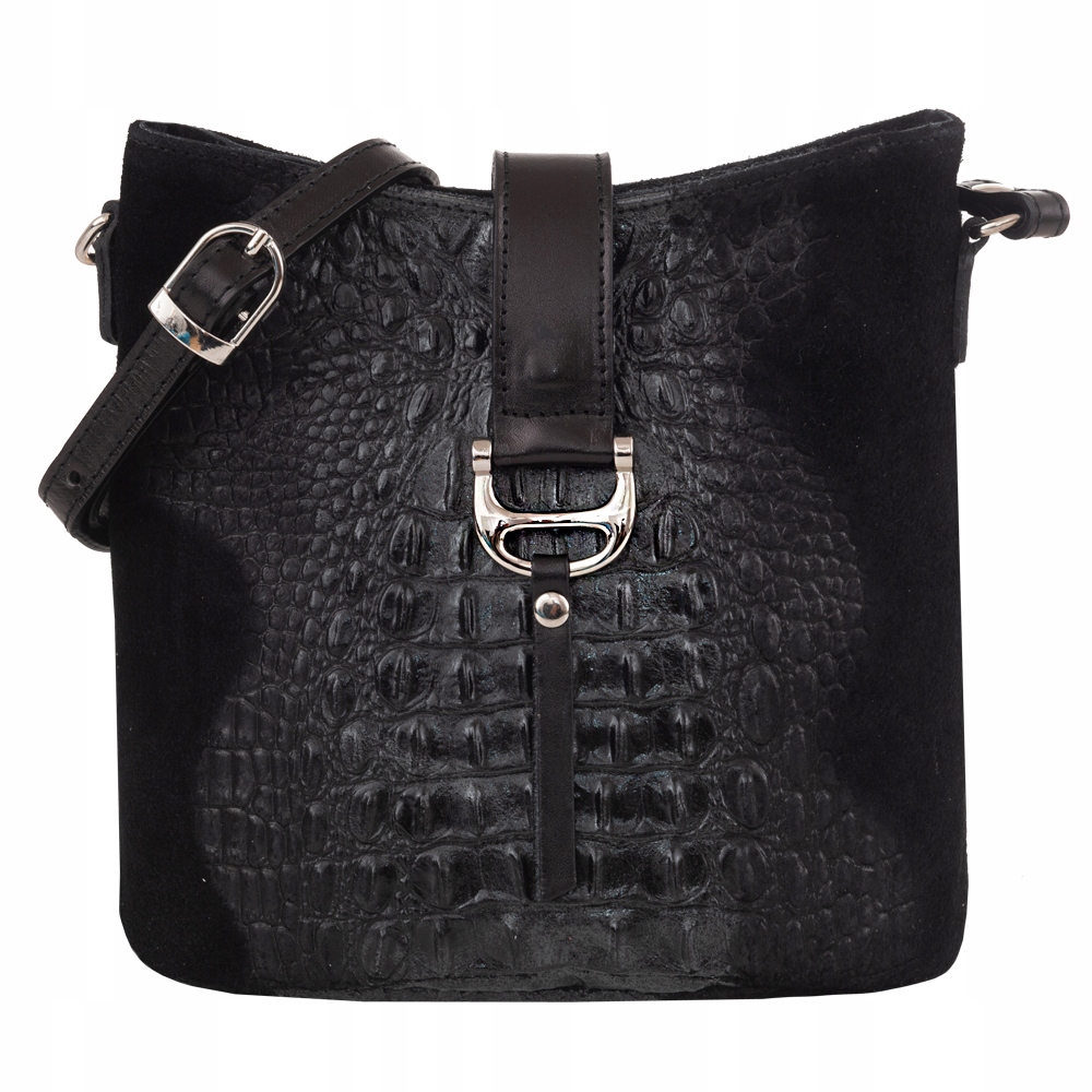 

Czarna Skórzana Torebka Listonoszka Krokodyl zamsz