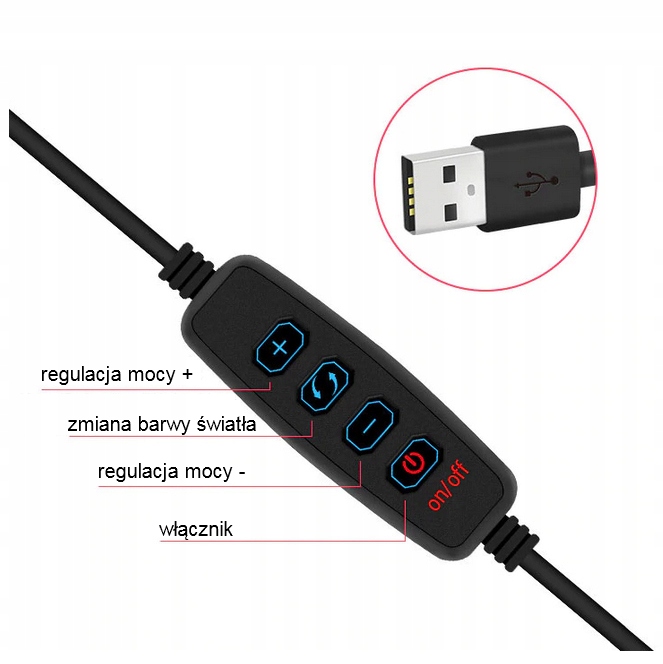 LAMPA PIERŚCIENIOWA RING LED 32cm USB ŚCIEMNIACZ Moc żarówki/świetlówki 15 W