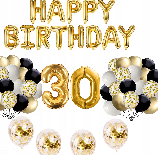 

Zestaw Balony cyfry 30 Lat Czarne Złote konfetti