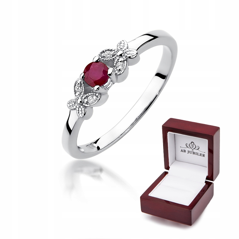 

Pierścionek 585 Białe Złoto Rubin Diamenty Grawer
