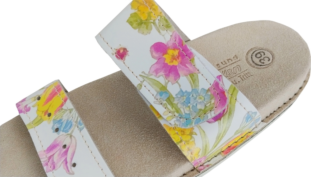 Fusbet oryginalne klapki skórzane damskie na rzep Wzór dominujący kwiaty