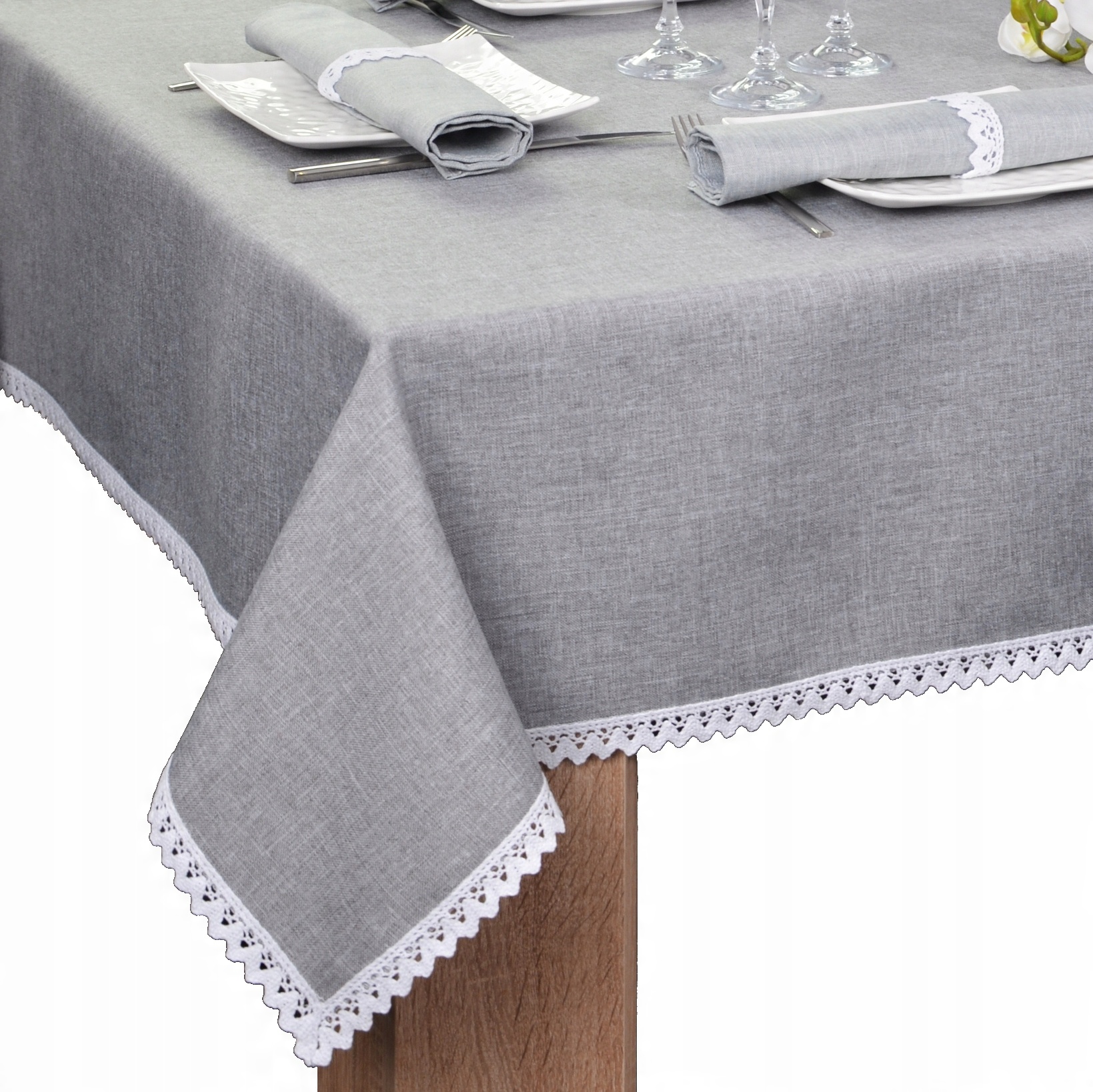 

plamoodporny obrus z koronką Malaga 240x140 szary
