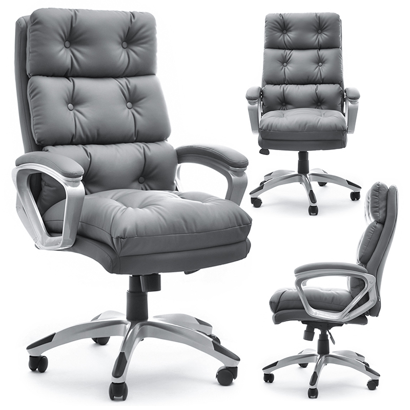 KOMFORTOWY FOTEL BIUROWY BENON SZARY EKO SKÓRA Z FUNKCJAMI PODSTAWA CHROM