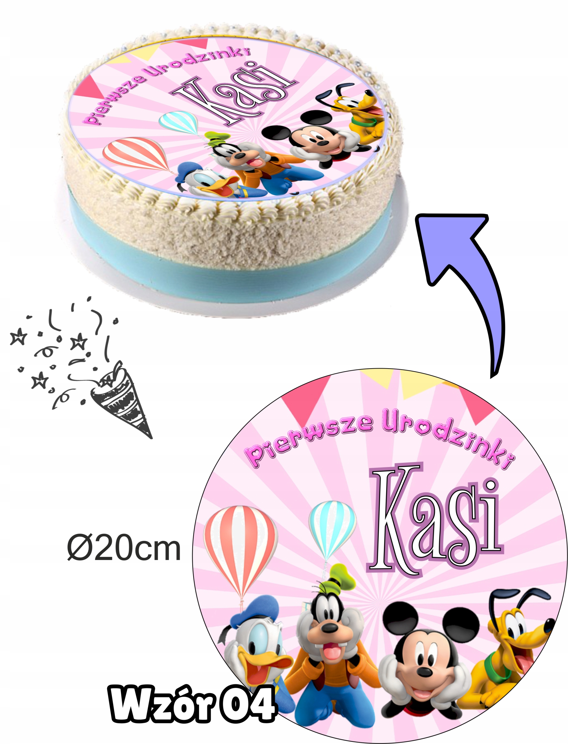 Opłatek Dekoracja na Tort PIERWSZE URODZINKI+imię Nazwa handlowa opłatek na tort