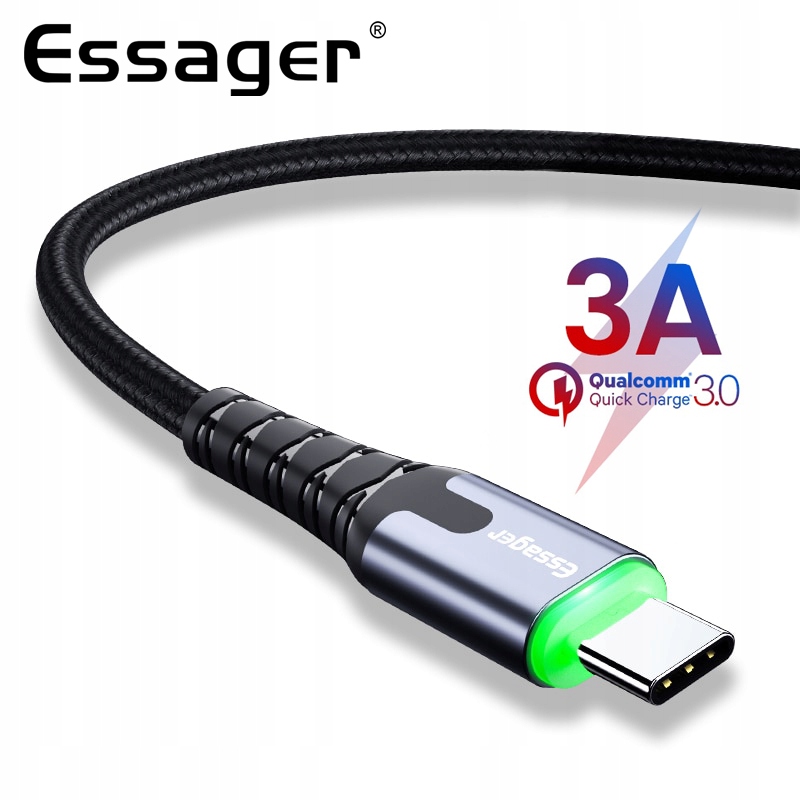 Kabel USB ESSAGER 3A TYPE-C USB-C QC 3.0 2m LED Kod producenta ESSAGER 2m T-C LED