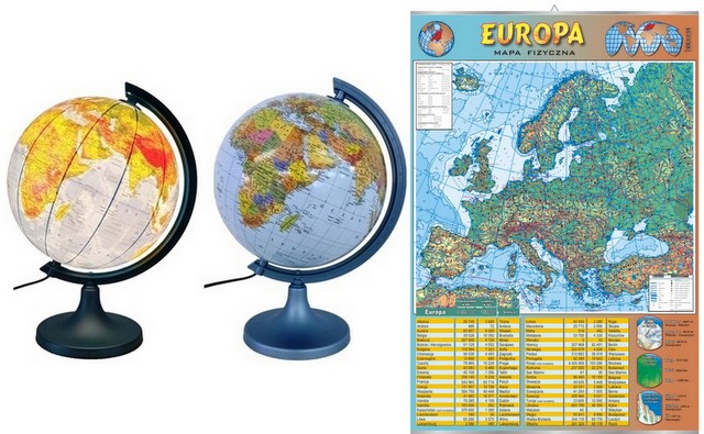 Globus polityczno-fizyczny podś+Europa mapa fizycz