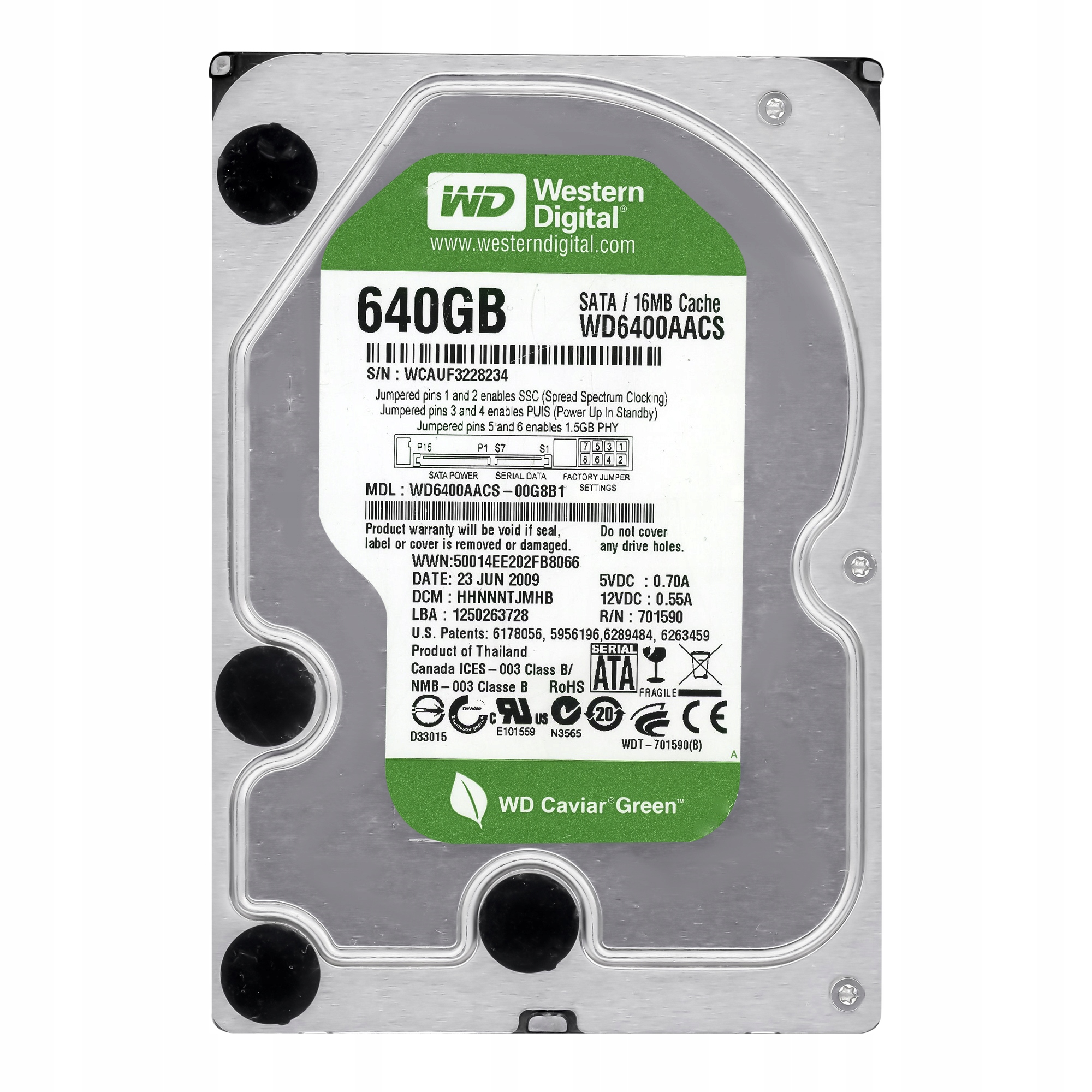 

Wd Green 640GB 7.2k 16MB Sata II 3.5'' WD6400AACS