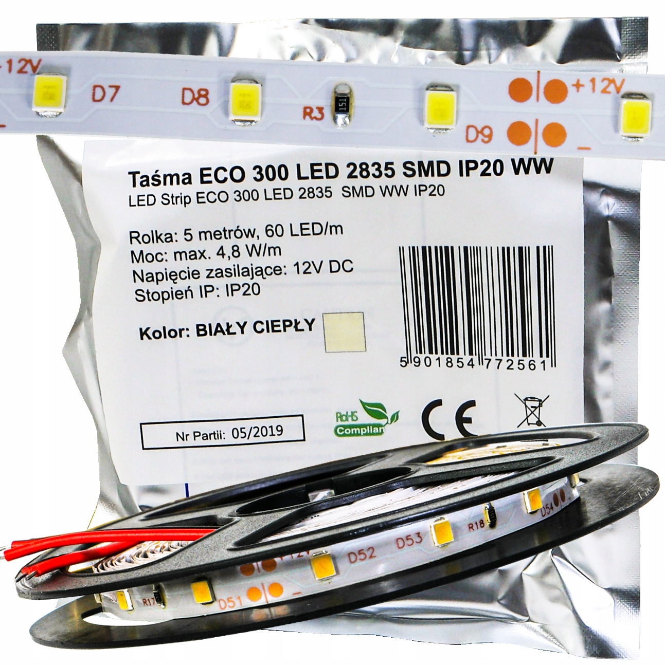 

Eco Taśma 300 Led 2835 12V 300 Led ciepła 24W 5m