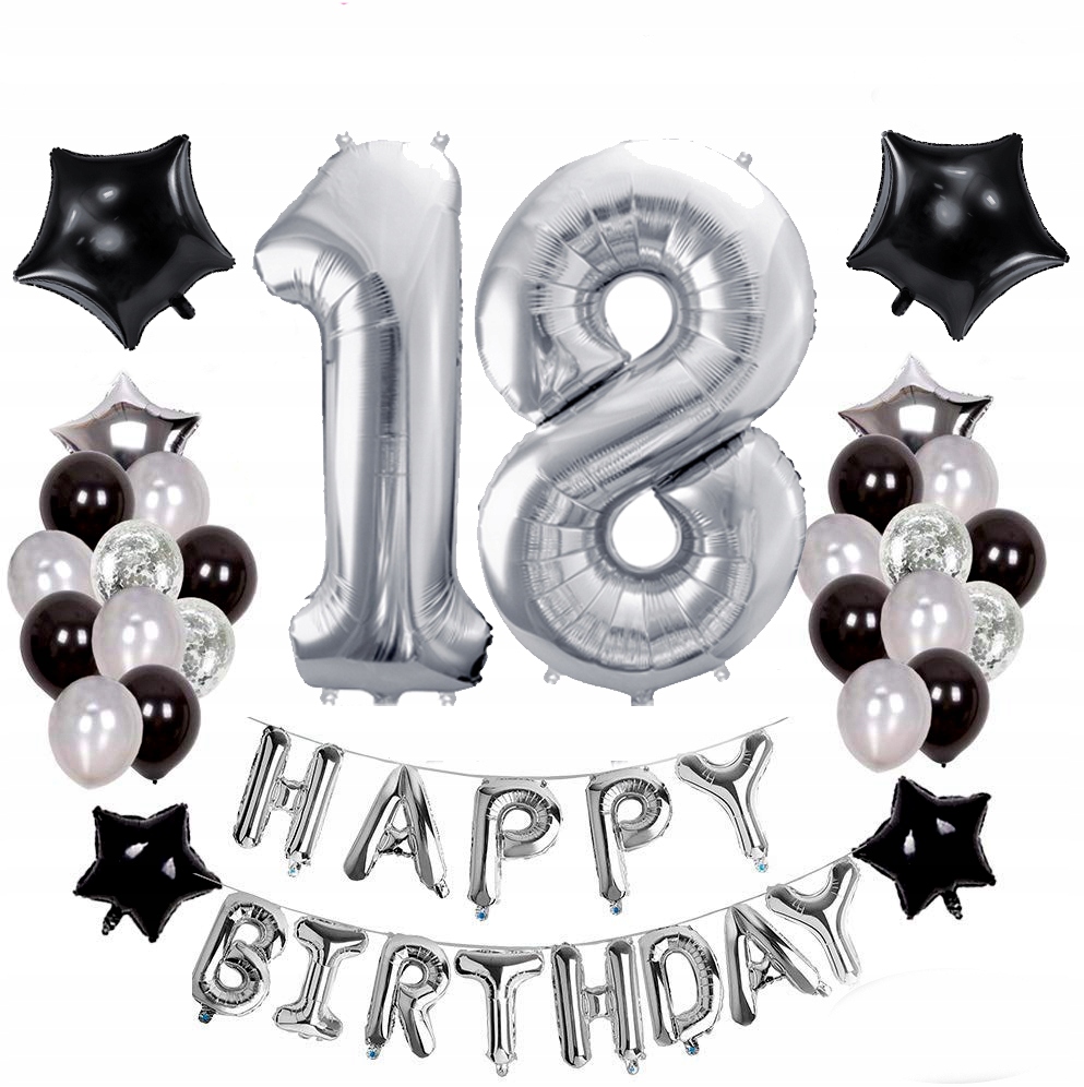 

Zestaw Balonów na 18te Urodziny Silver & Black