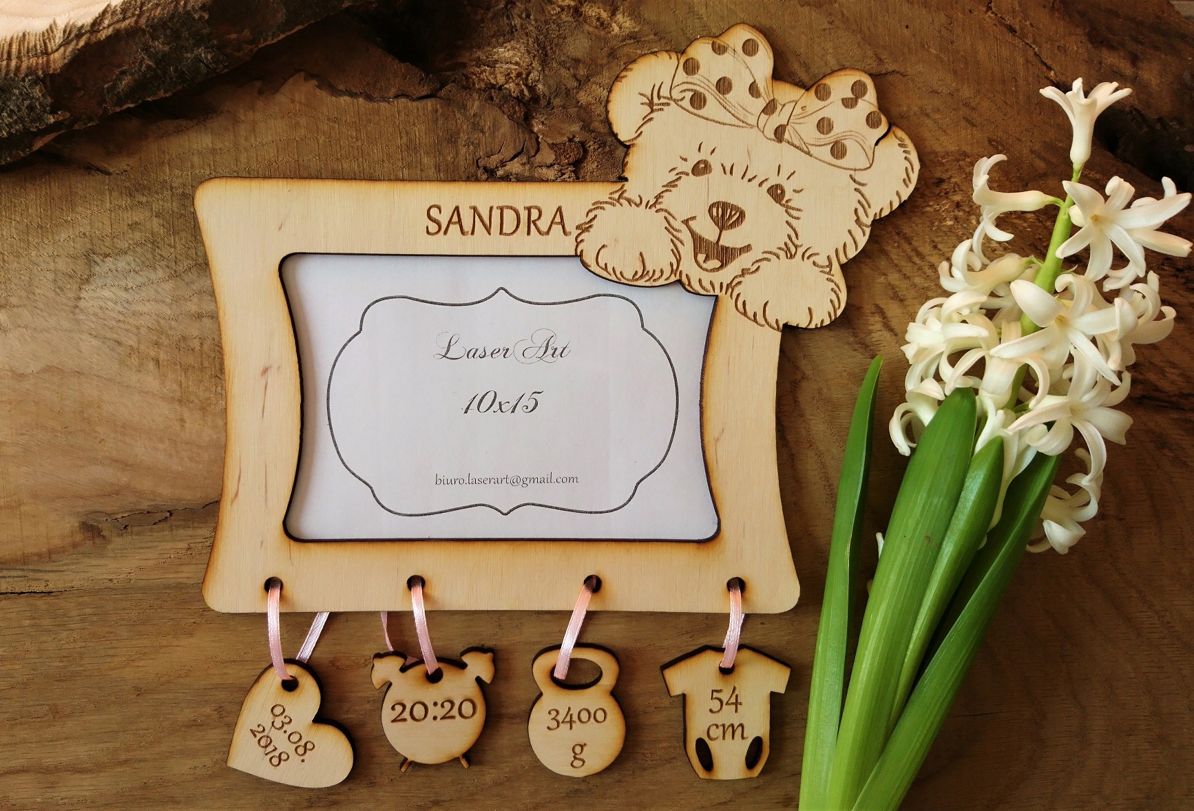 Ramka metryczka drewno miś 10x15 chrzest prezent Wysokość produktu 19 cm