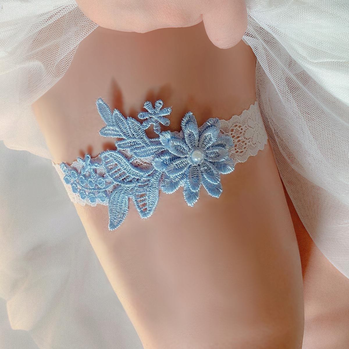 PODWIĄZKA ŚLUBNA niebieska biała, BŁĘKITNA KORONKOWA elastyczna Odcień błękitny