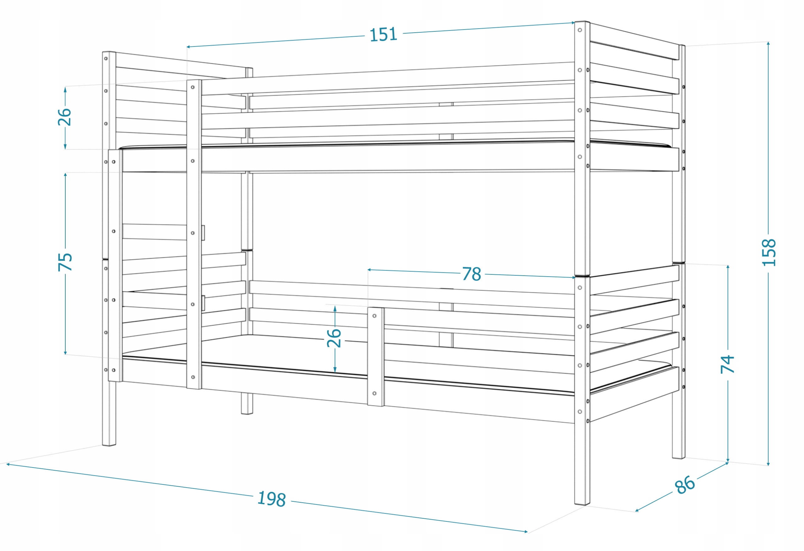 Łóżko piętrowe drewniane JACEK bez szufady Kod producenta D-JACE-X-080-190-SOS-SOS-X-MP-SF