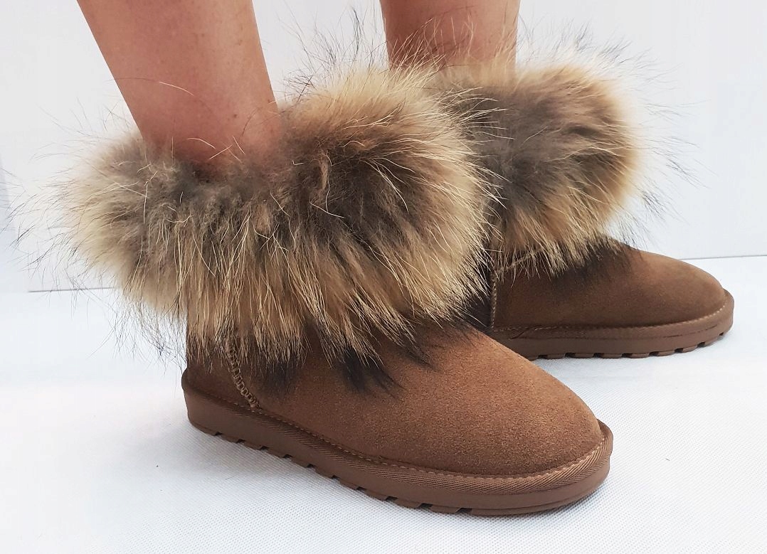 BRĄZOWE SKÓRZANE ŚNIEGOWCE BUTY BOTKI Z FUTREM 39