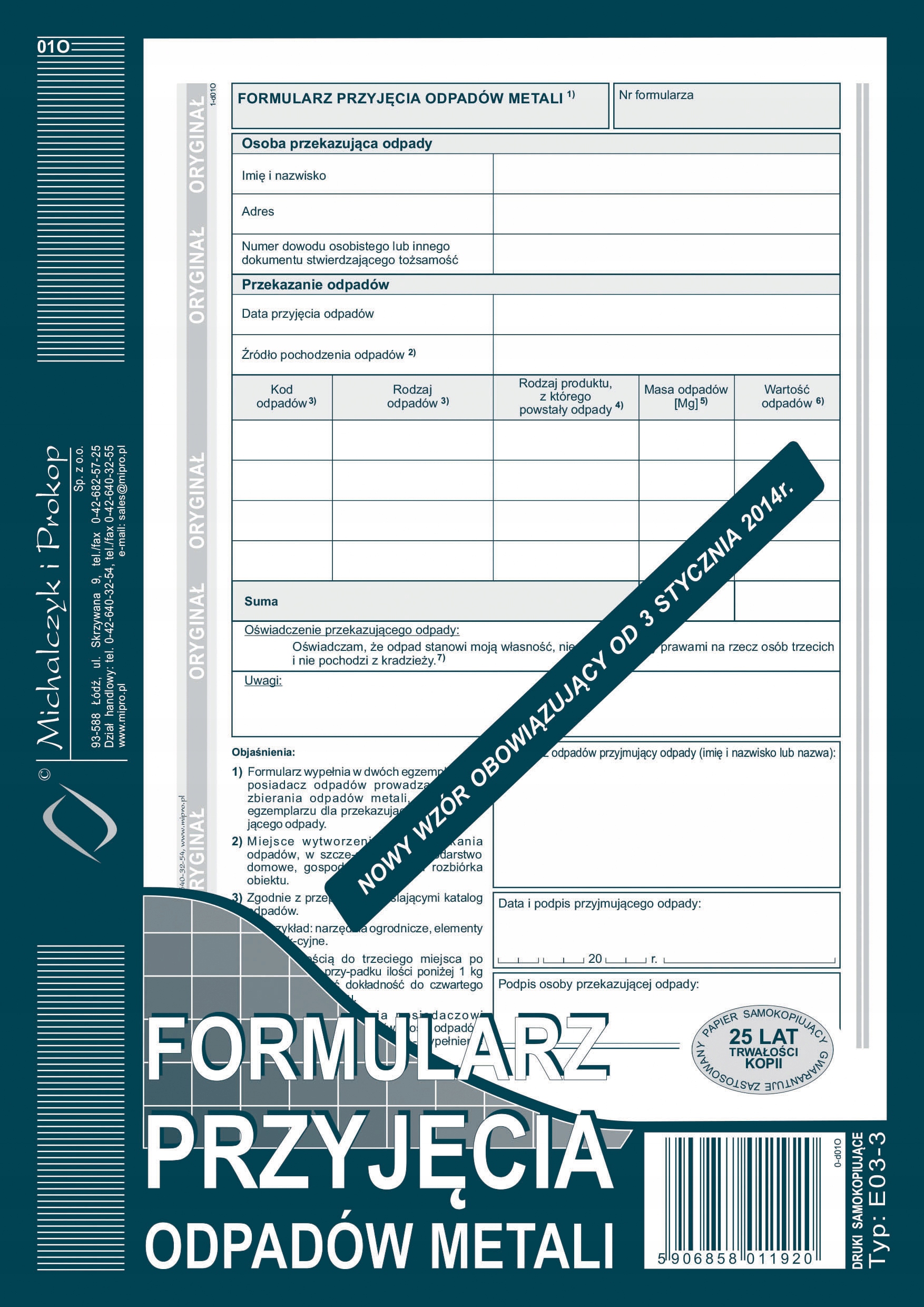 Formularz przyjęcia odpadów metali oryginał + 1 kopia 80 kartek A5 E03-3