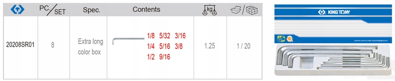 Klucze IMBUSY HEX EXTRA DŁUGIE CALOWE 8s KING TONY Kod producenta 20208SR01