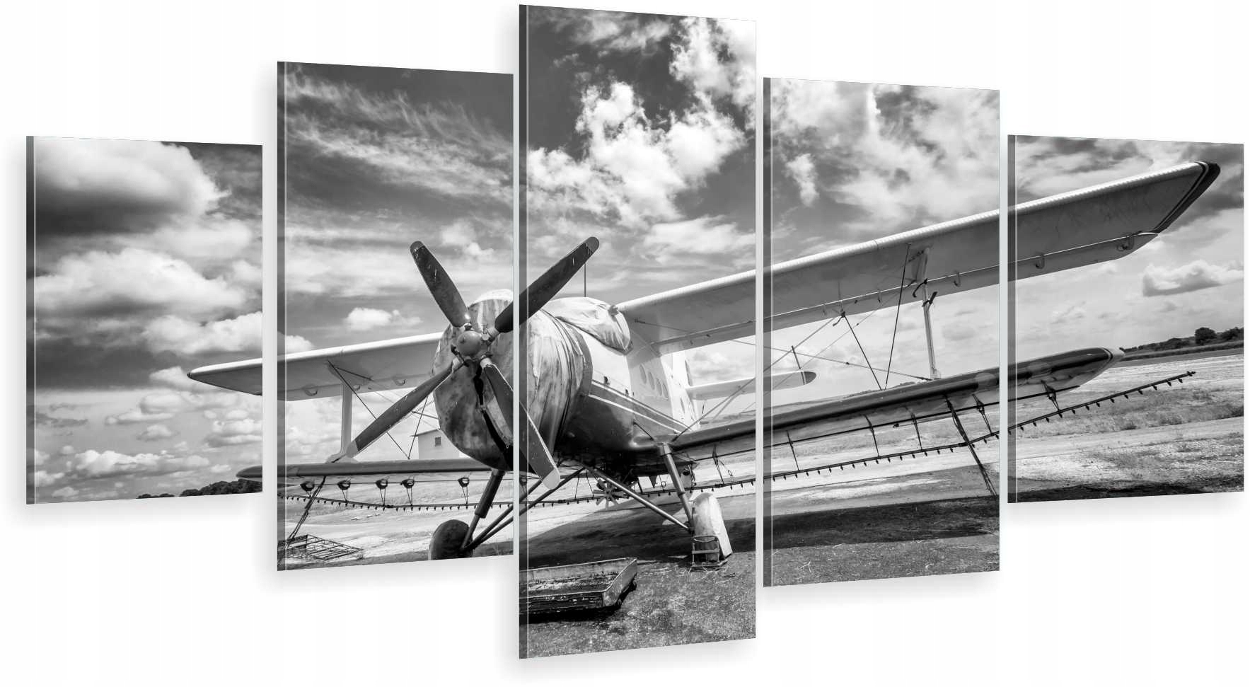 

Tryptyk 5-CZĘŚCI Na Ścianę Czarno Biały Samolot