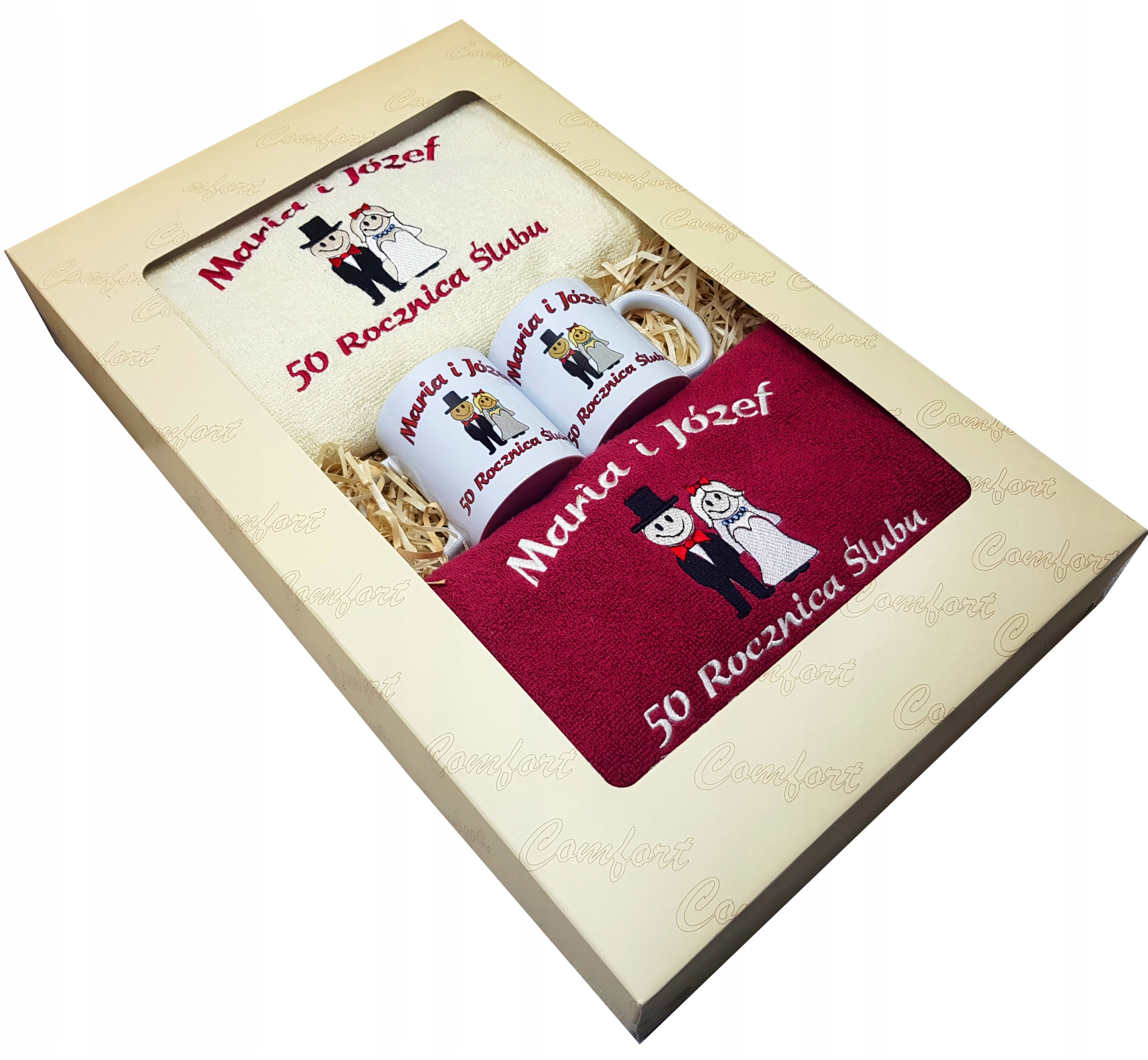 Ręczniki z haftem + kubki, Ślub Rocznica święta prezent