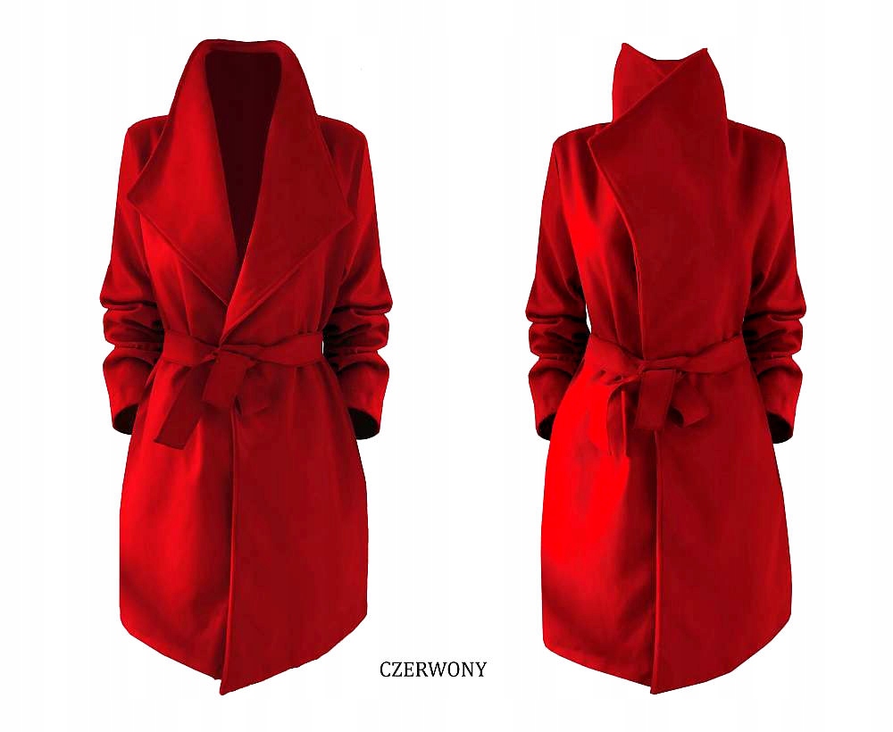 PŁASZCZ blogger KLASYCZNY klapy pasek CZERWONY Kaptur bez kaptura
