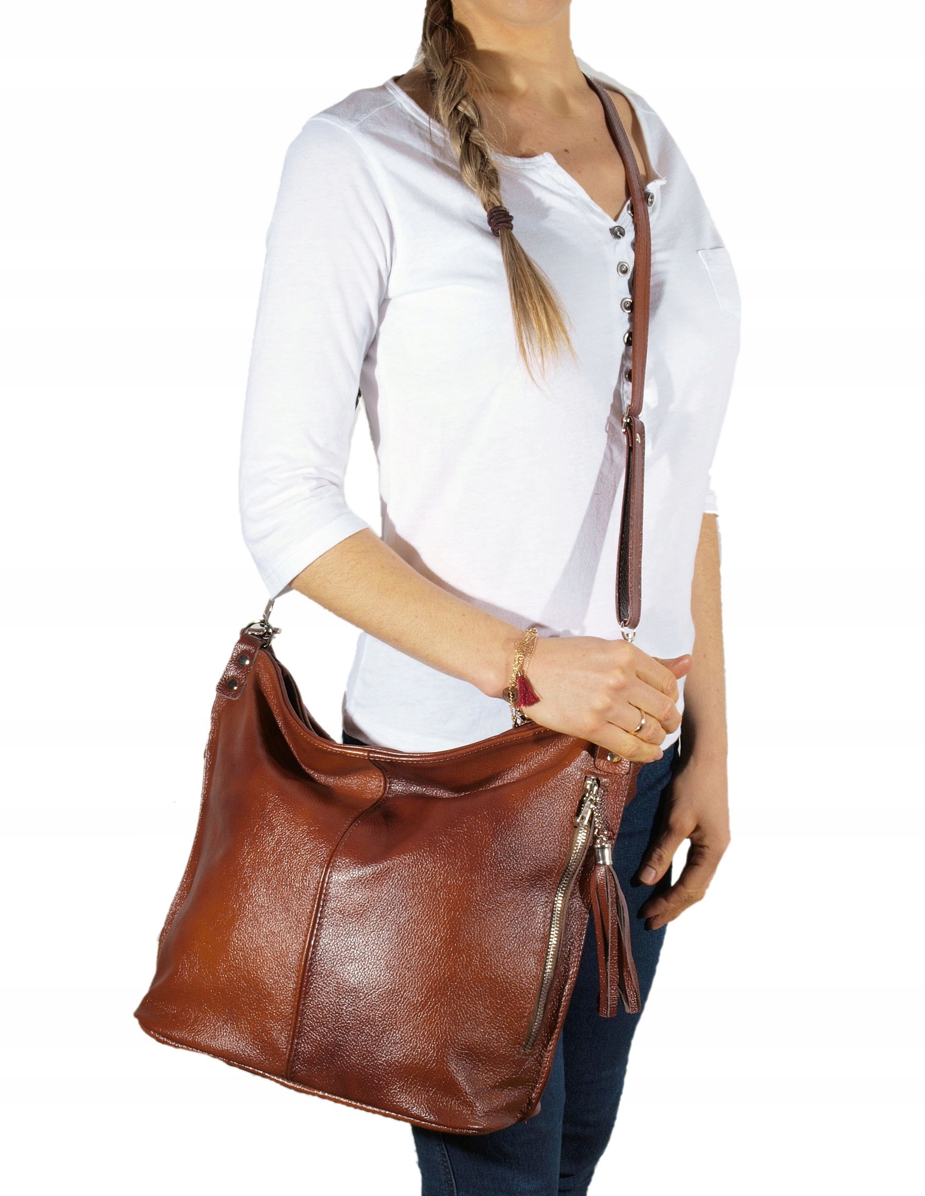 TOREBKA SKÓRZANA WOREK BRĄZOWO-RUDA LISTONOSZKA Wysokość 32 cm