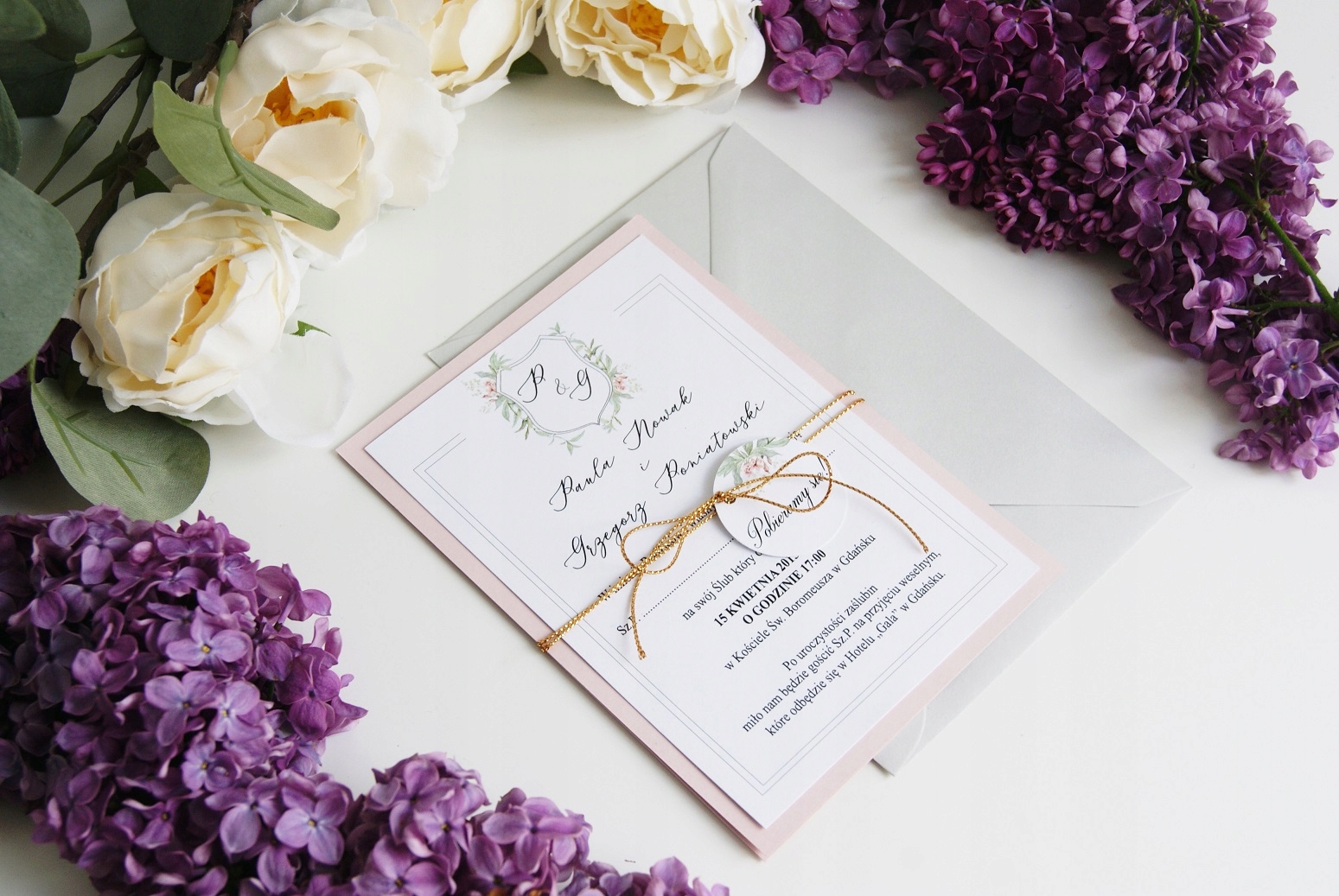 ZAPROSZENIA ŚLUBNE nowoczesne monogram roślinne Wykończenie papieru matowe