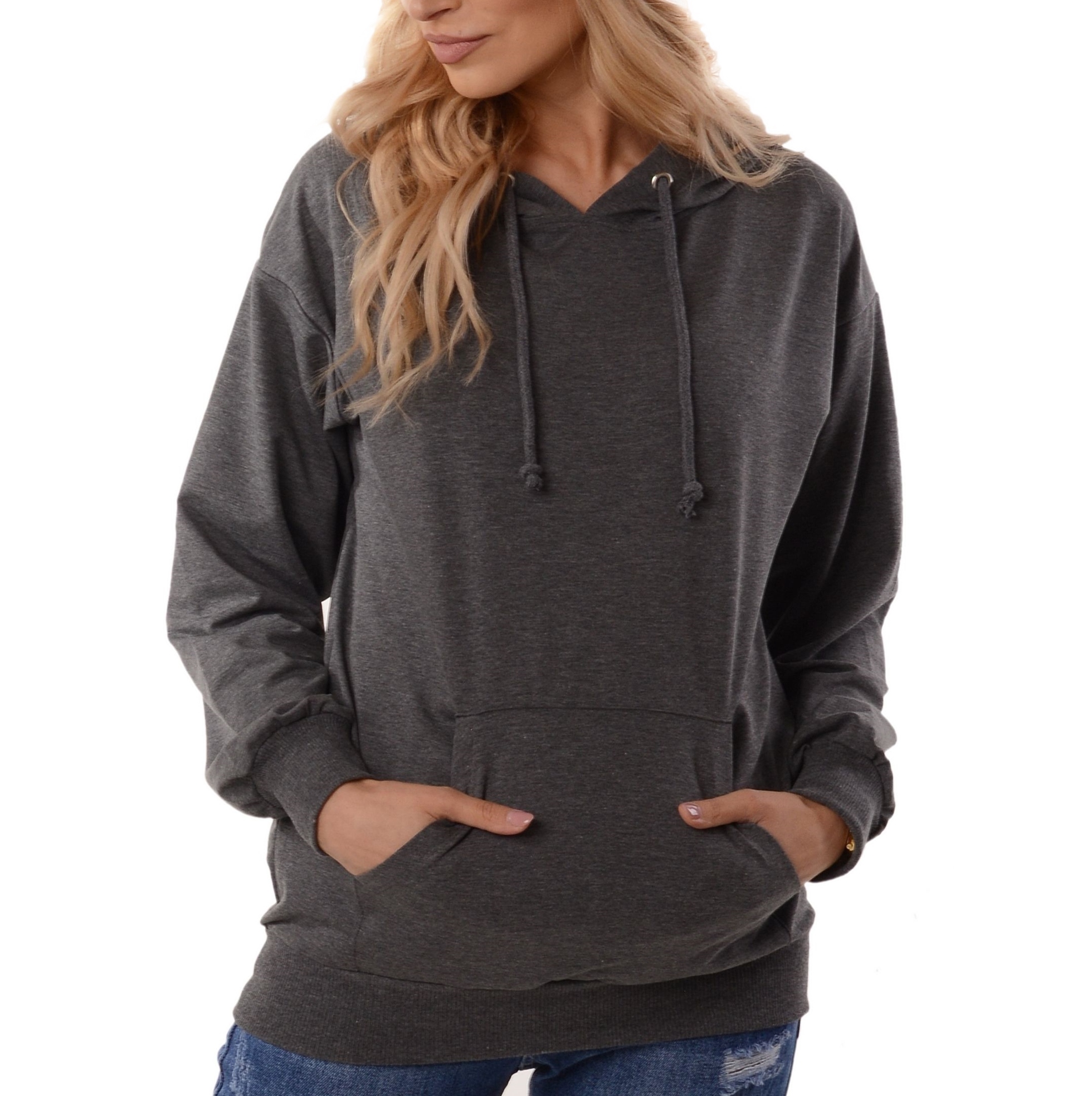 

Kobieca Bluza bawełniana oversize kangurka Grafit