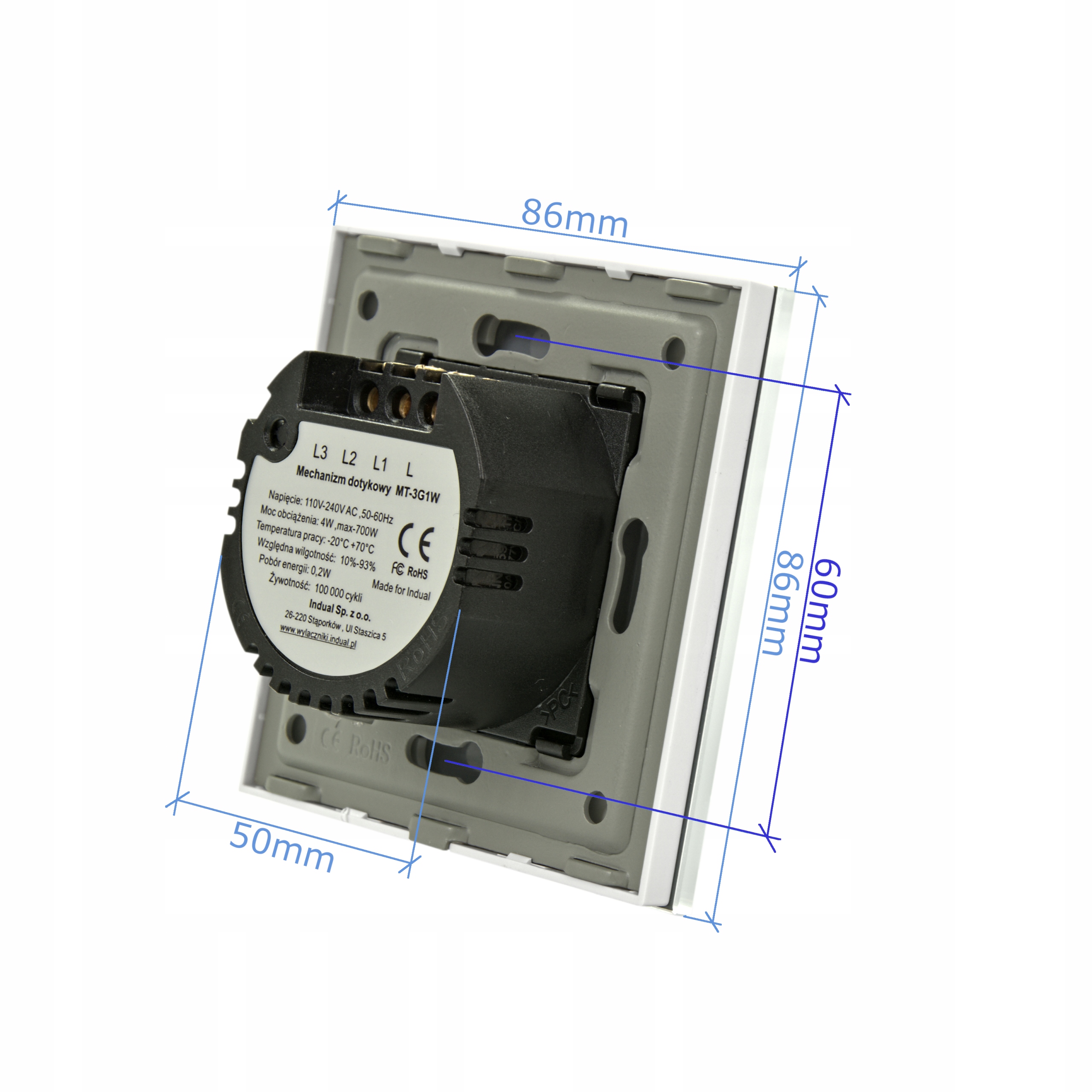 WŁĄCZNIK DOTYKOWY SZKLANY ŚWIATŁA POTRÓJNY BIAŁY Marka Indual