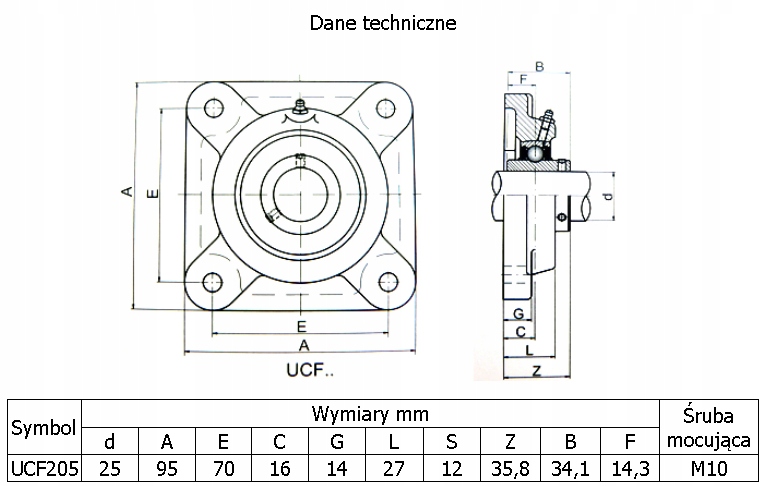 Zespół łożyskowy, łożysko+oprawa UCF 205 Średnica wewnętrzna 25 mm