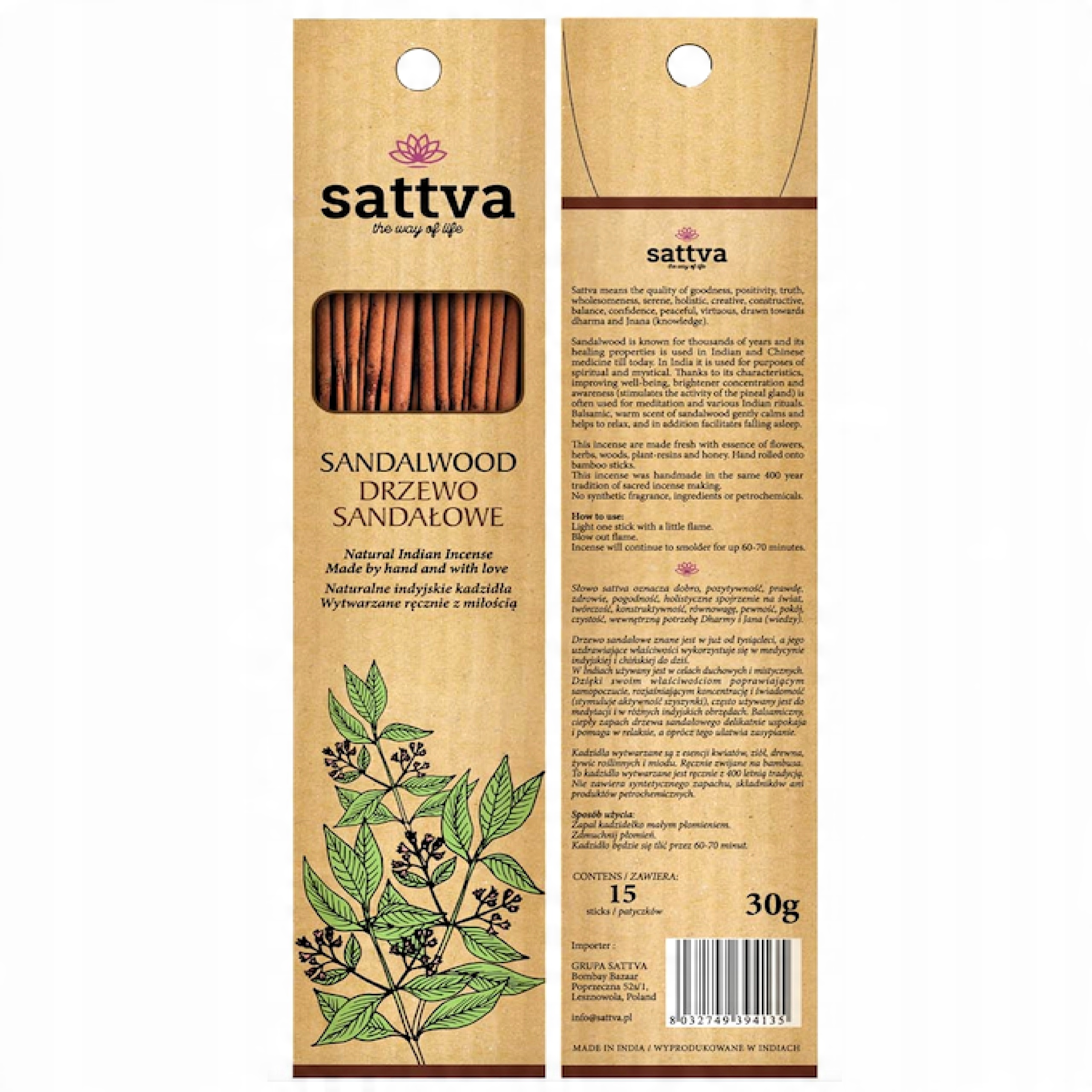

Sattva Naturalne Kadzidła Drzewo Sandałowe 15sztuk