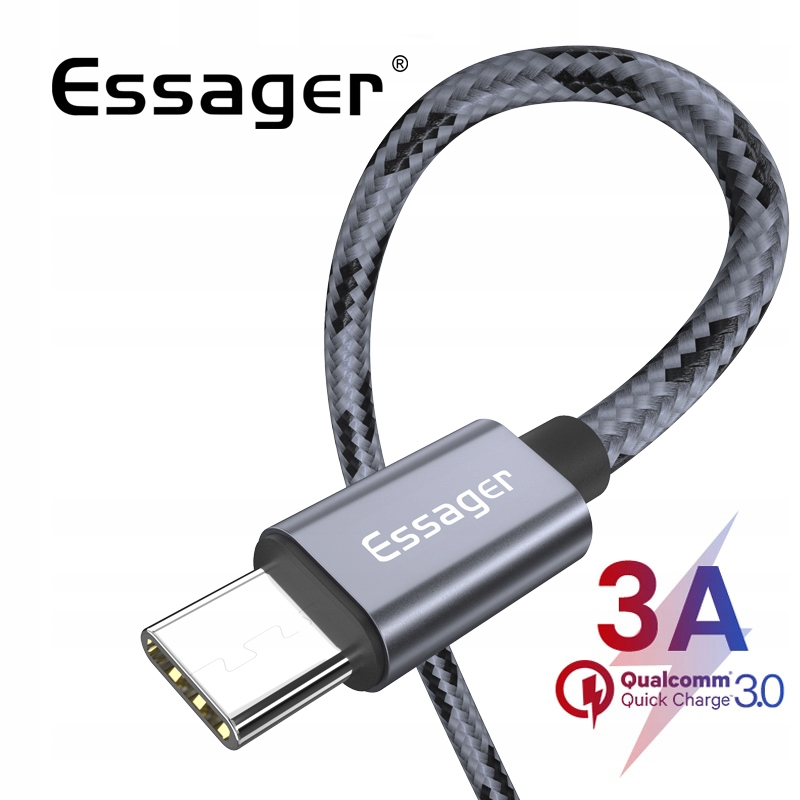 Kabel USB ESSAGER 3A TYPE-C USB-C QC 3.0 1m GREY Kod producenta ESSAGER 1m T-C grey