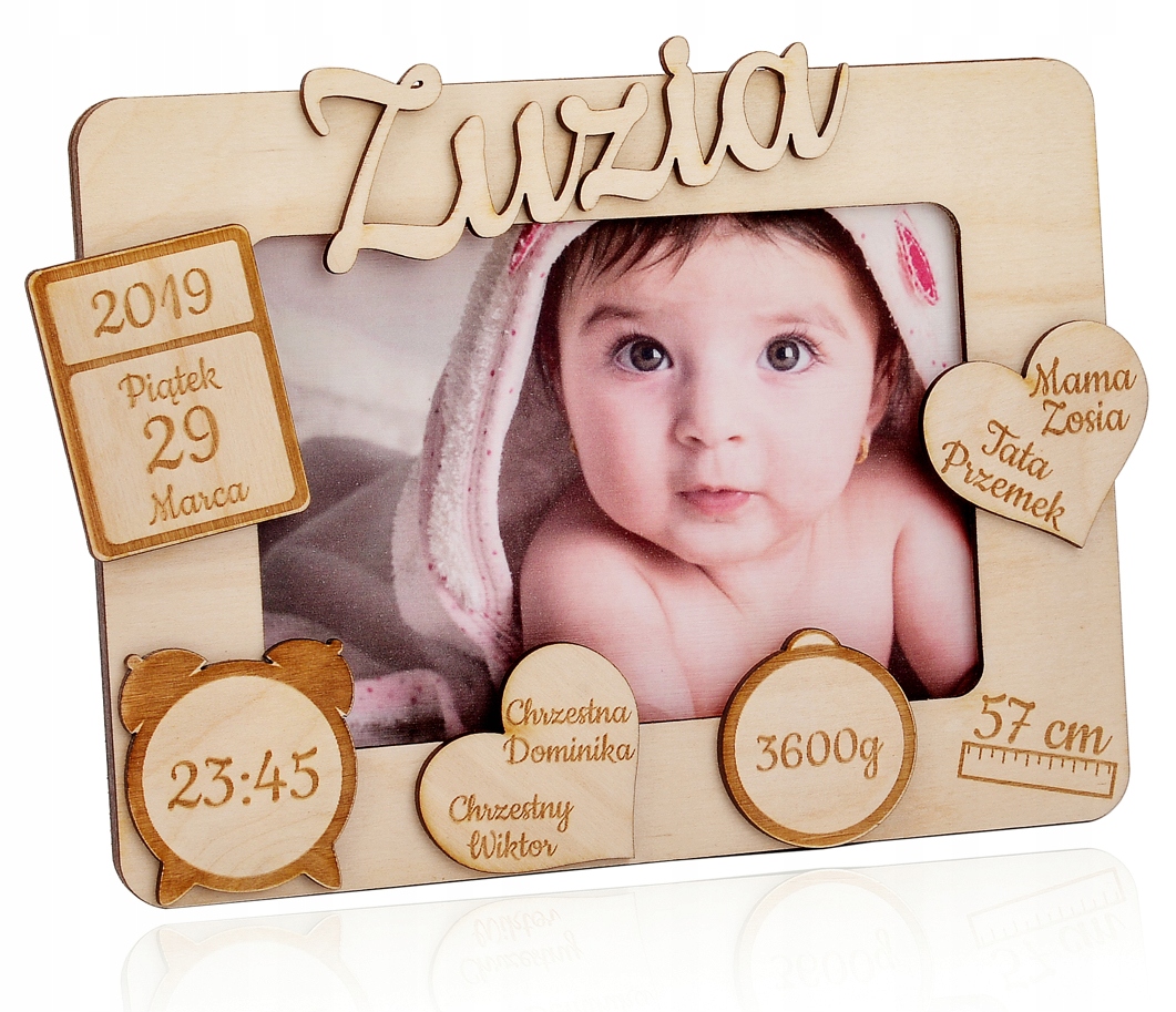 

Drewniana Ramka Metryczka Chrzest Narodziny Grawer