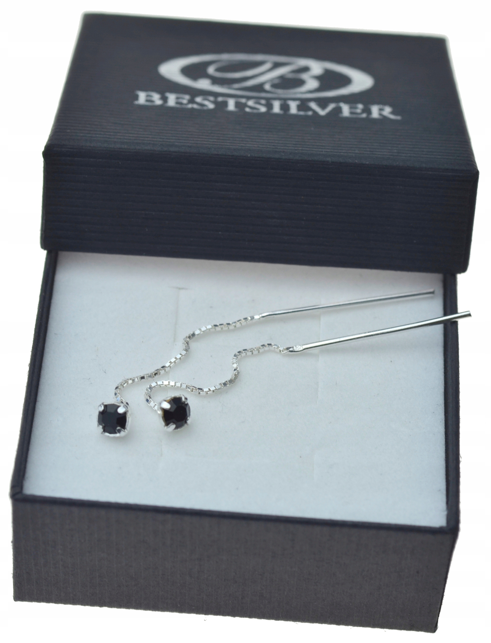 

Kolczyki Srebrne Przeciągane Z Czarną Cyrkonia 925