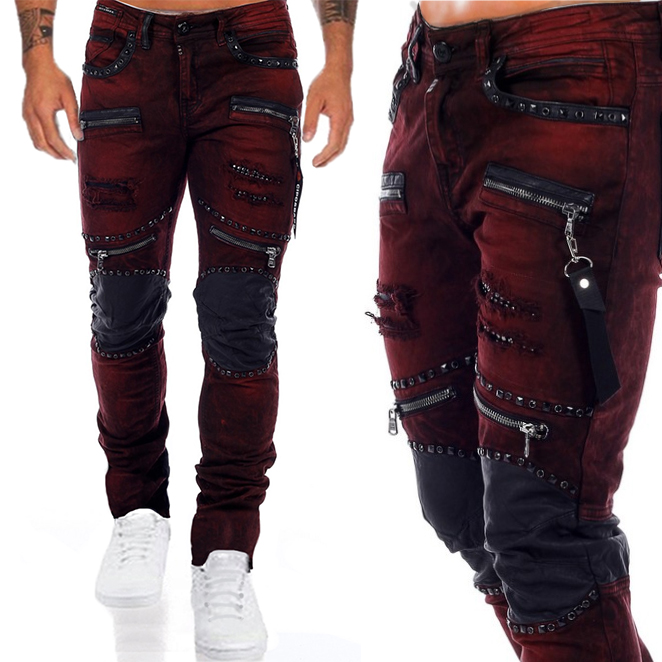 

Cipo Baxx Spodnie Jeansy Zamki Skóra Burgundy