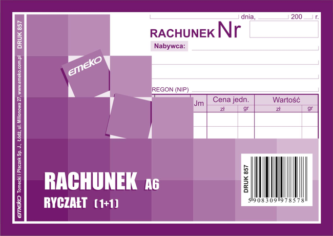 

Rachunek ryczałt A6 poziom druk Emeko 857 Łódź