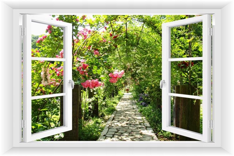 

Fototapeta Okno 3D Ogród Pergola Kwiaty 150x100
