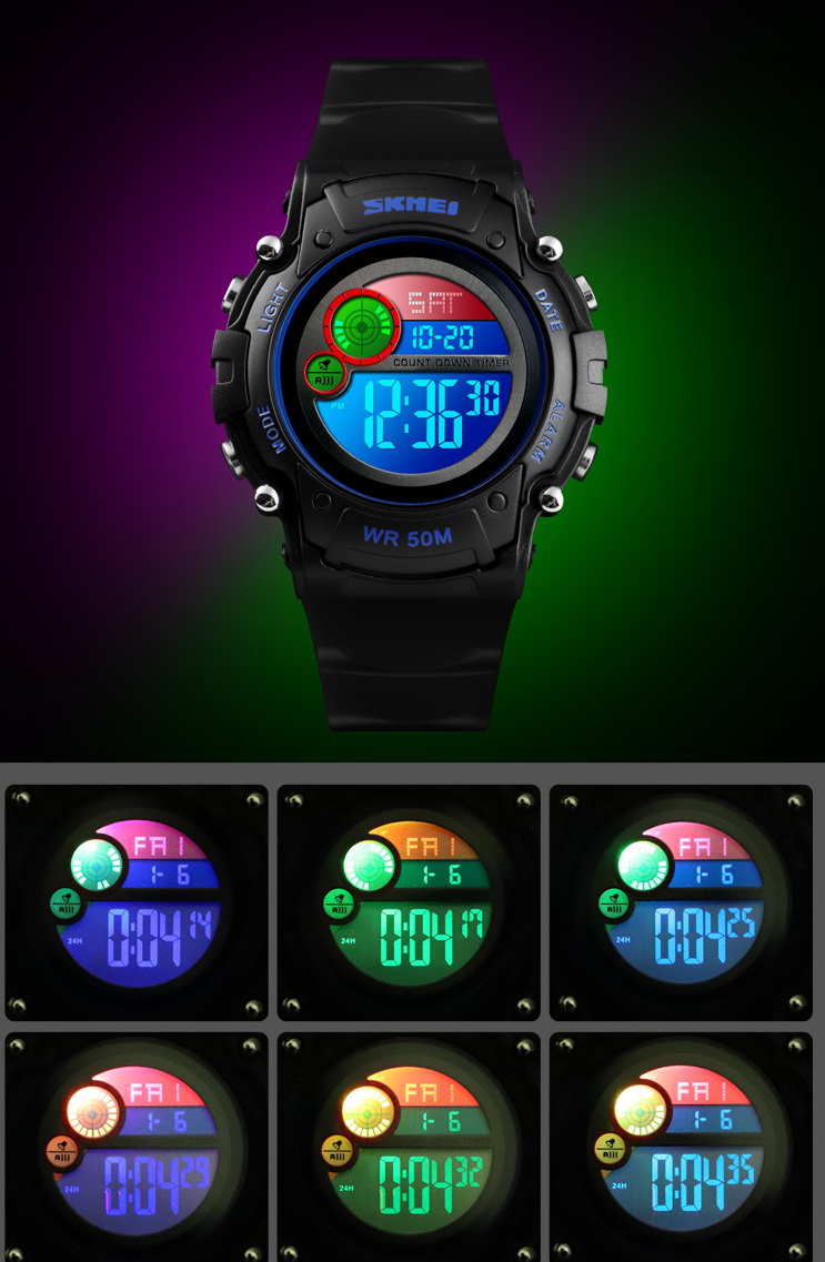 SUPER ZEGAREK DLA DZIECKA KOLOROWE LED NOWY MODEL Funkcje Budzik Chronograf Datownik Podświetlenie Stoper Timer Wodoszczelny