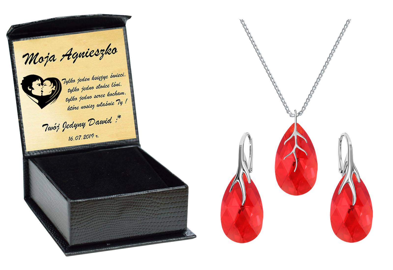 

Almond Drapieżny Srebrny Komplet Swarovski Grawer