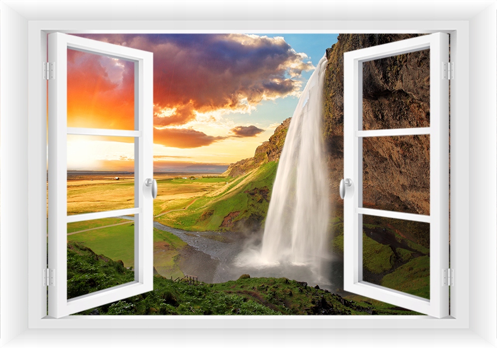 

Fototapeta Okno 3D Góry Drzewa Wodospady 195x130