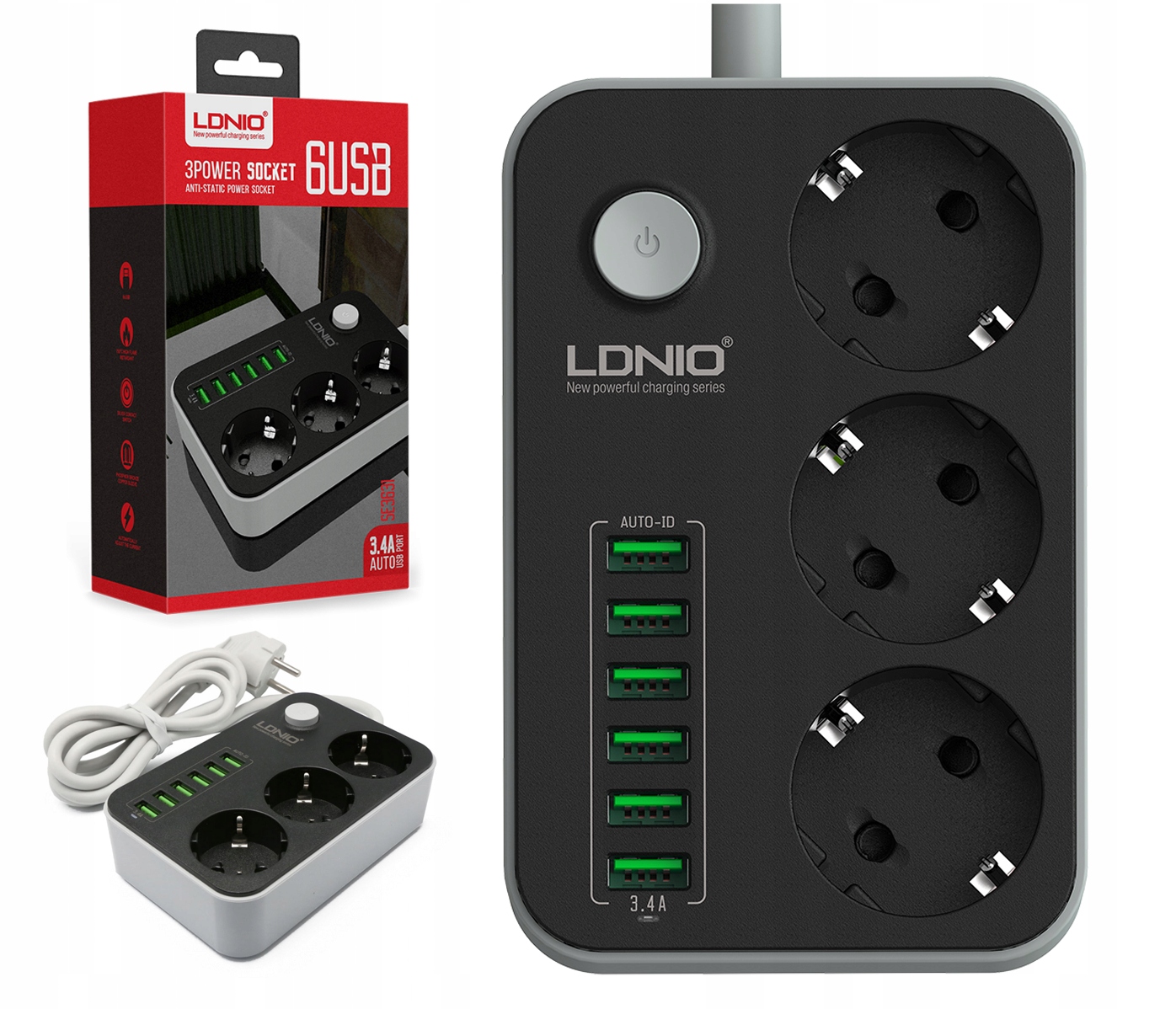 

Listwa zasilająca 3 Gniazda + 6x Usb Przedłużacz