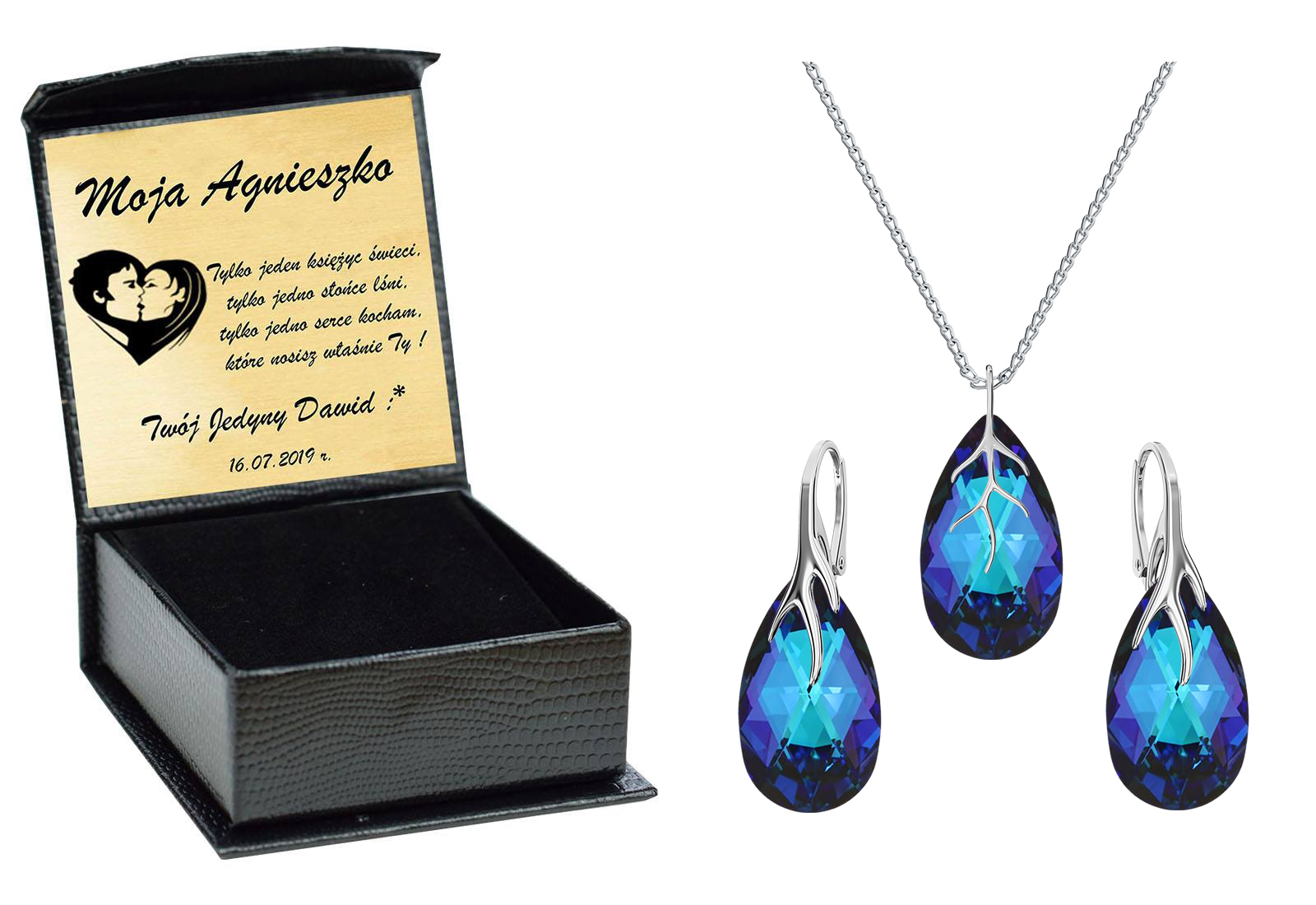 

Almond Drapieżny Srebrny Komplet Swarovski Grawer