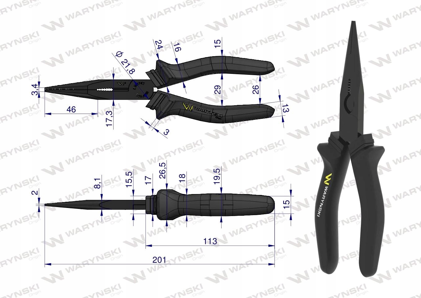 Szczypce wydłużone proste 200 mm Waryński Kod producenta WMP006