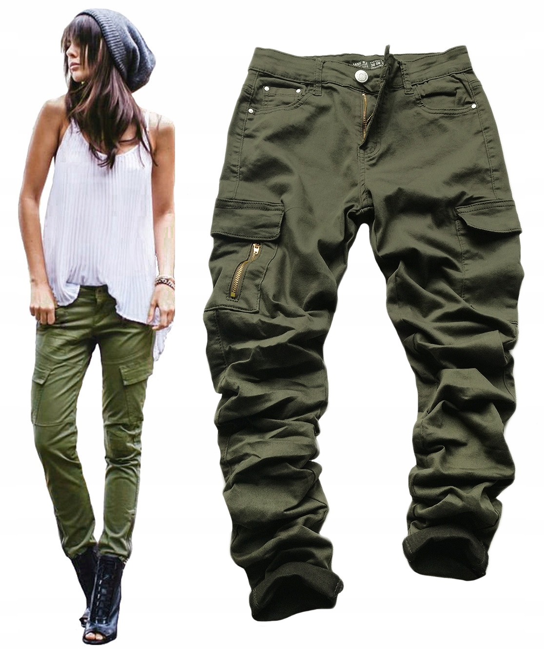 

Spodnie Militarne Kieszenie Bojówki Khaki