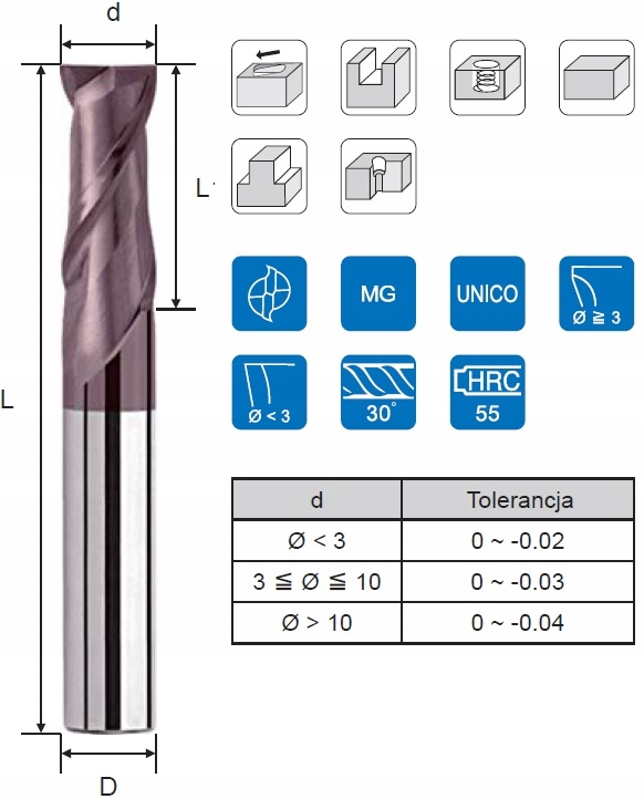 Frez węglik VHM 2 pióra fi 3,0 mm chwyt 6 55HRC Twardość (HRC) 45