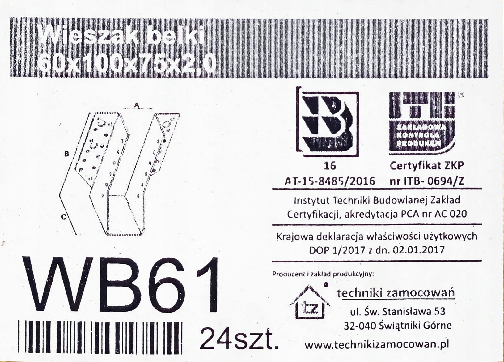 WIESZAK BELKI 60 x 100 wspornik łącznik WB61 Grubość 2 mm