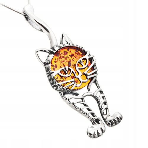 Stříbrný Kocour přívěsek s přírodním baltským Jantarem Stříbro 925