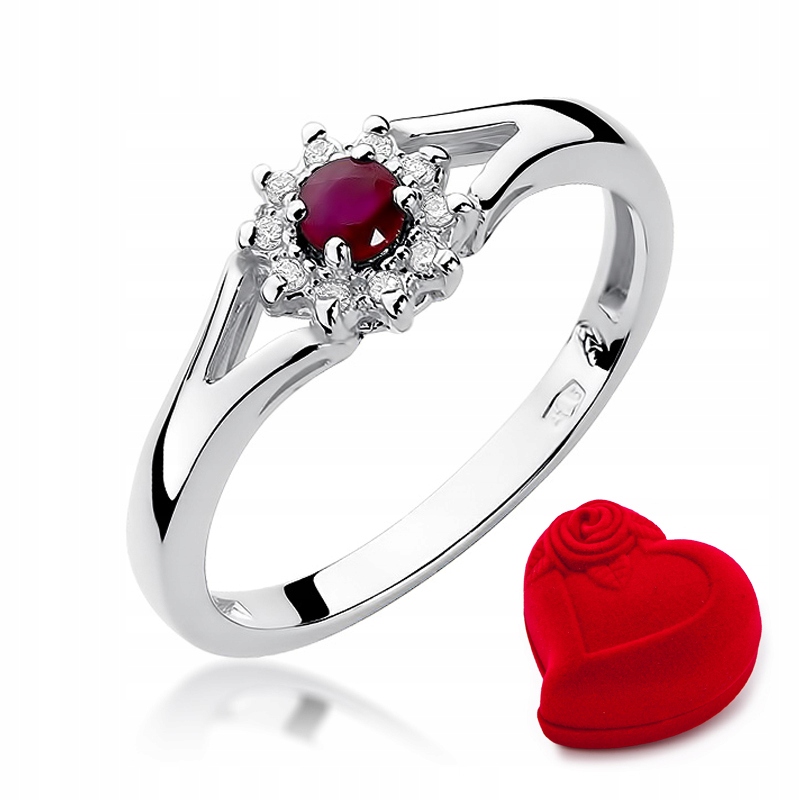 

Pierścionek 585 Białe Złoto Rubin Diamenty Grawer